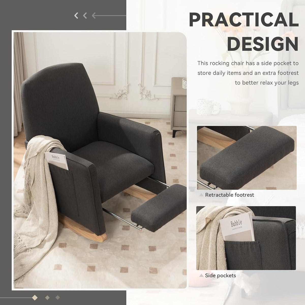 FOXHUNTER Rocking Chair Nursery with Adjustable Footrest and High Backrest, Upholstered Glider Chairs with Side Pockets for Nursery, Rocker Armchair Indoor for Living Room, Dark Gray