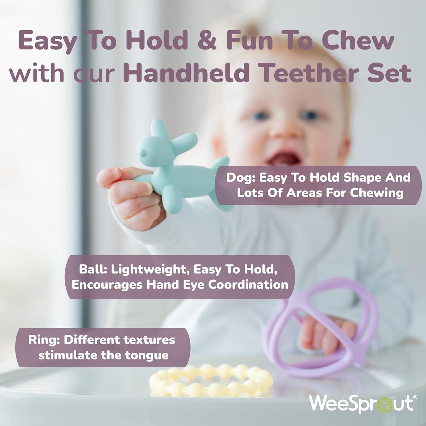 WeeSprout Silicone Baby Teether Toys for Infant Babies and Toddlers, Cute Ring, Puppy Dog, and Ball, Soft and Flexible, BPA Free, Boys and Girls (Bright Green, Purple & Blue)