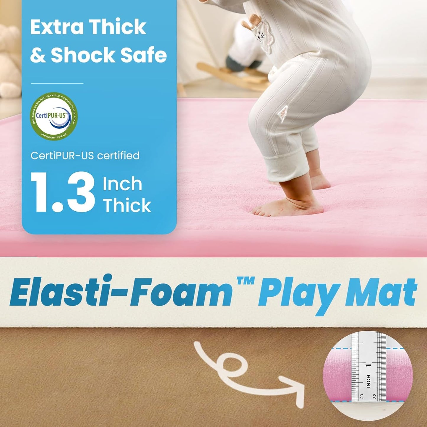 Ultra Soft Baby Play Mat,1.3" Thick Elasti-Foam Tummy Time Mat for Infants,Toddlers,Kids,Water-Repellent Coral Fleece Nursery Rug,Non-Slip Safe for Crawling&Hardwood Floors(Pink)
