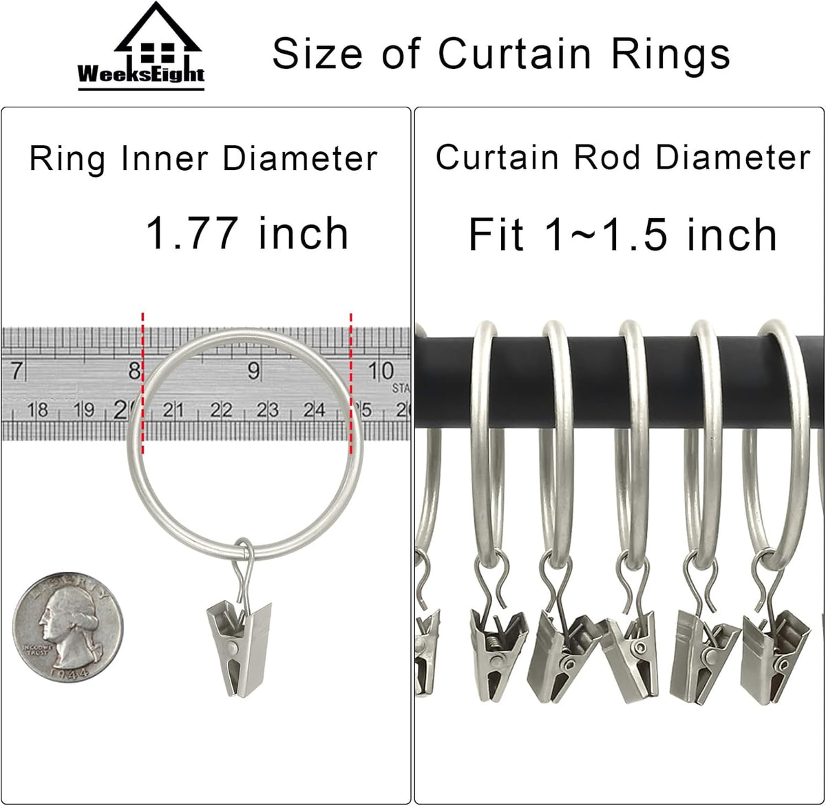 40 Pack Matte Silver Curtain Rings with Clips, Curtain Hooks Hangers Clip Rings for Hanging Drapes Bows Hat, Drapery Rings 1.77 in I D, Fits up to 1.5 in Diameter Curtain Rod.