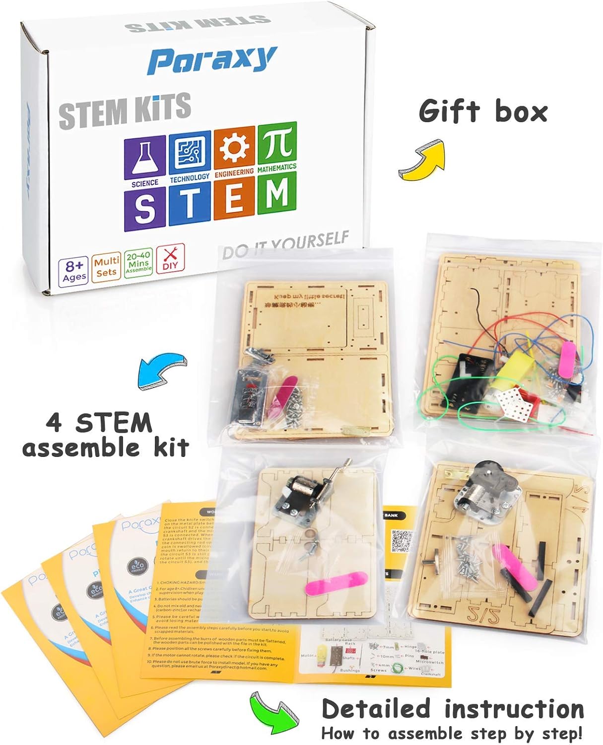 Poraxy 4 Set STEM Kits for Kids Ages 8-10 10-12, Toys for Ages 8-13, Music Box, Robot 3D Puzzle Educational Science Building Projects Crafts, Birthday Gifts for Boys Girls 7 8 9 10 11 12 13 Year Old
