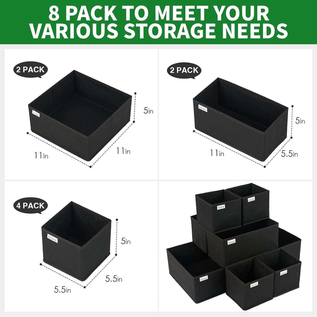 Drawer Organizer Clothes, 8 Pack Underwear Drawer Organizer, Foldable Cloth Storage Box Closet Organizers and Storage for Clothes, Socks, Scarves, Ties (Black)