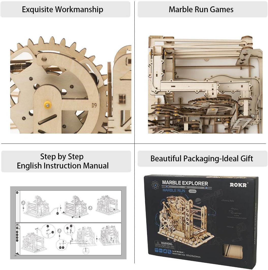 ROKR 3D Wooden Puzzles for Adults-Marble Run Model Building Kit-Wood Model Kit (LG503★Lift Coaster)