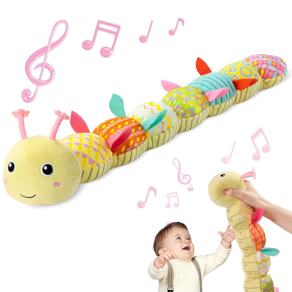 Sumobaby Baby Girl Toys Musical Caterpillar, Stuffed Animal Activity Soft Toys with Teether,Multi-Sensory Crinkle, Rattle and Textures,for Tummy Time baby toys 0 to 12 months Girls,Caterpillar(Yellow)