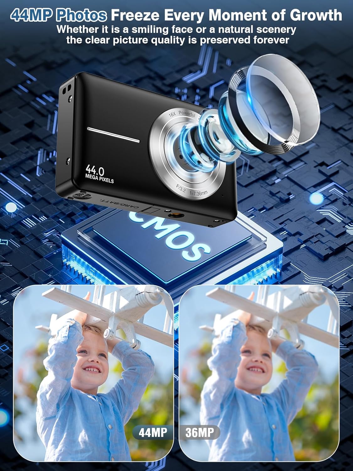 Digital Camera,FHD 1080P Kids Camera 44MP Point and Shoot Digital Cameras with 32GB Card,16X Zoom,Anti-Shake,Date Stamp,Compact Small Cameras Photography for Kids Student Teen Girl Boy(Black)