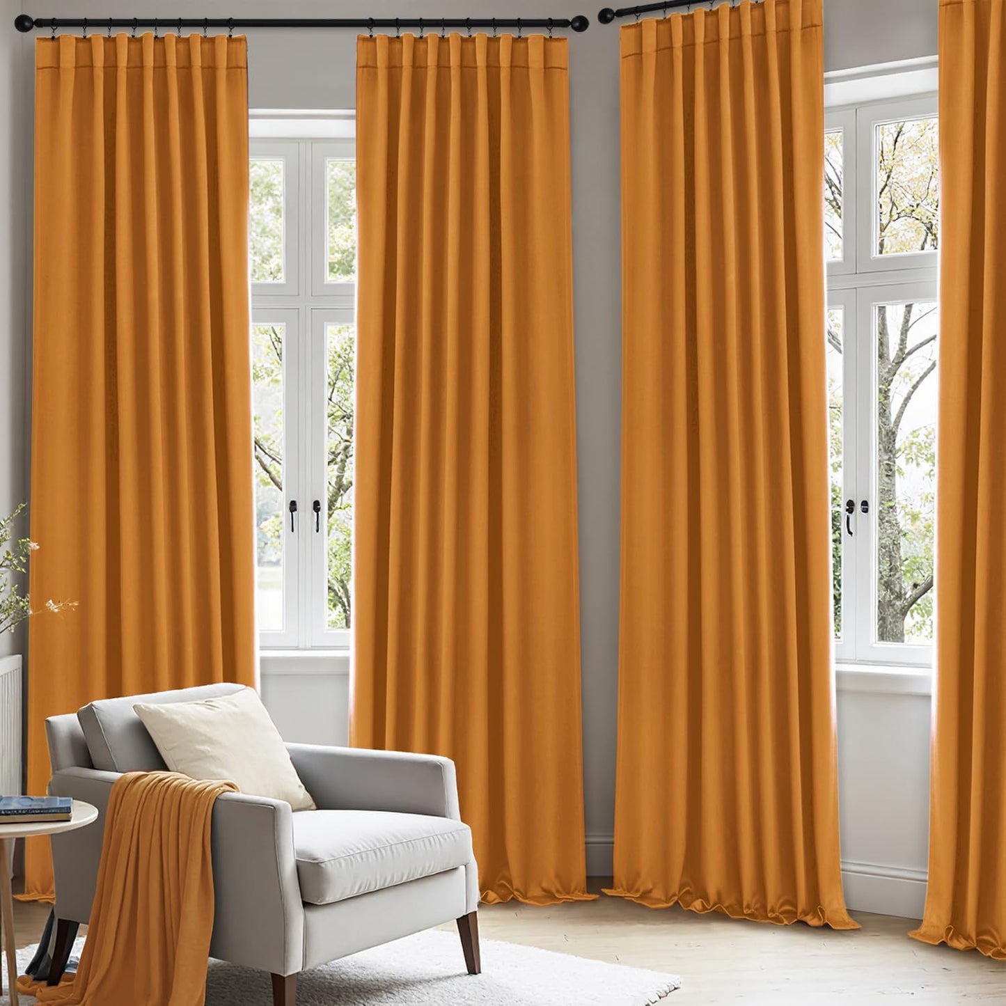 ANRODUO Back Tab Blackout Curtains for Bedroom Living Room, Rod Pocket Pinch Pleated Thermal Insulated Room Darkening Curtains 90 Inches Long 2 Panels, Mustard Yellow, 42 x 90 Inch
