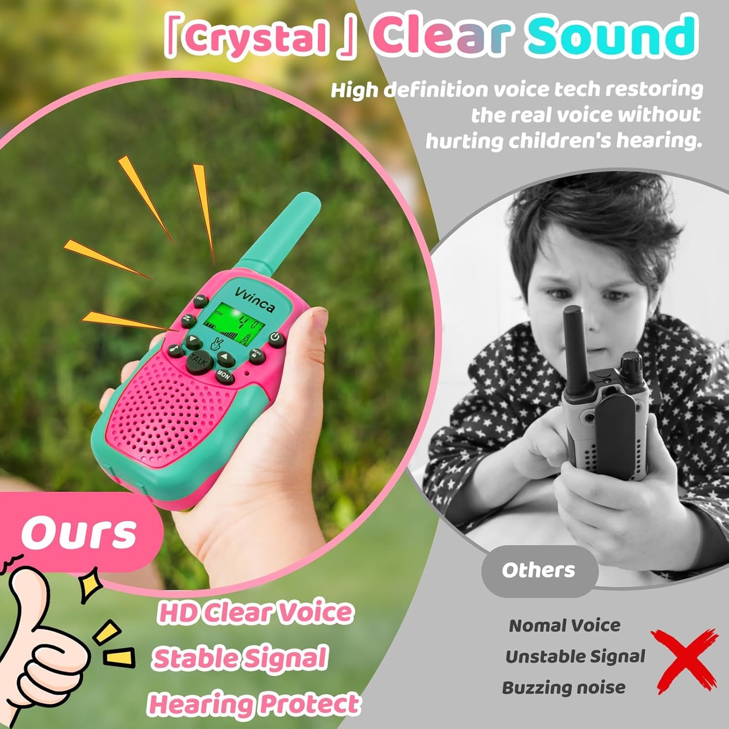 Vvinca Walkie Talkies for Kids Rechargeable 3 Pack, Toys for Boys Girls Age 3-13 Ourdoor Camping Birthday Gift, 3KM Long Range Walkie-Talkie 2 Way Radios 22 CH VOX with Li-ion Battery Flashlight