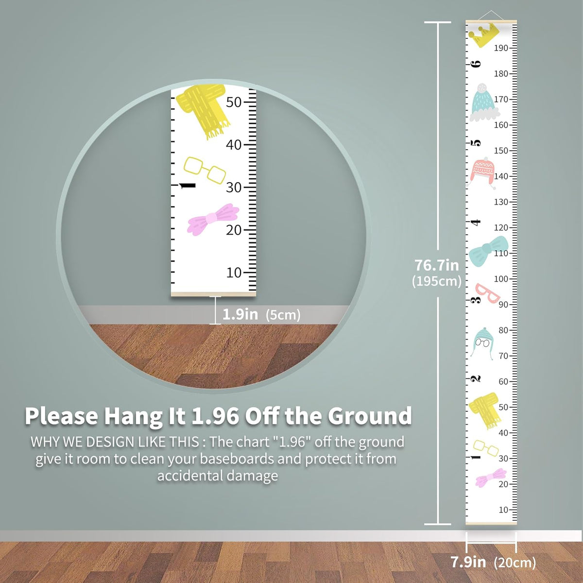 Kids Growth Chart for Wall 79"x7.9" Premium Canvas Removable Height Chart for Kids Height Measurement for Wall, Height Chart for Kids & Babies, Kids Height Wall Chart