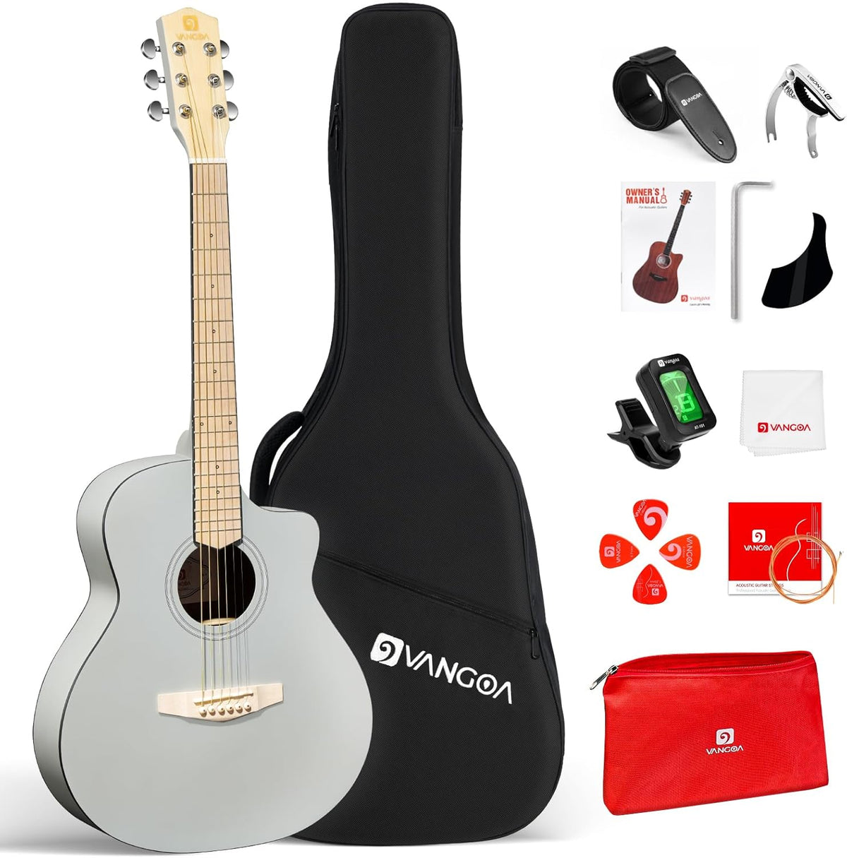Vangoa Acoustic Guitar 3/4 Size Adult Kit, 36 In Semi Jumbo Cutaway Junior Guitars Set, 6 String Guitarra Starter Bundle with Gig Bag for Beginners Students, Light Gray