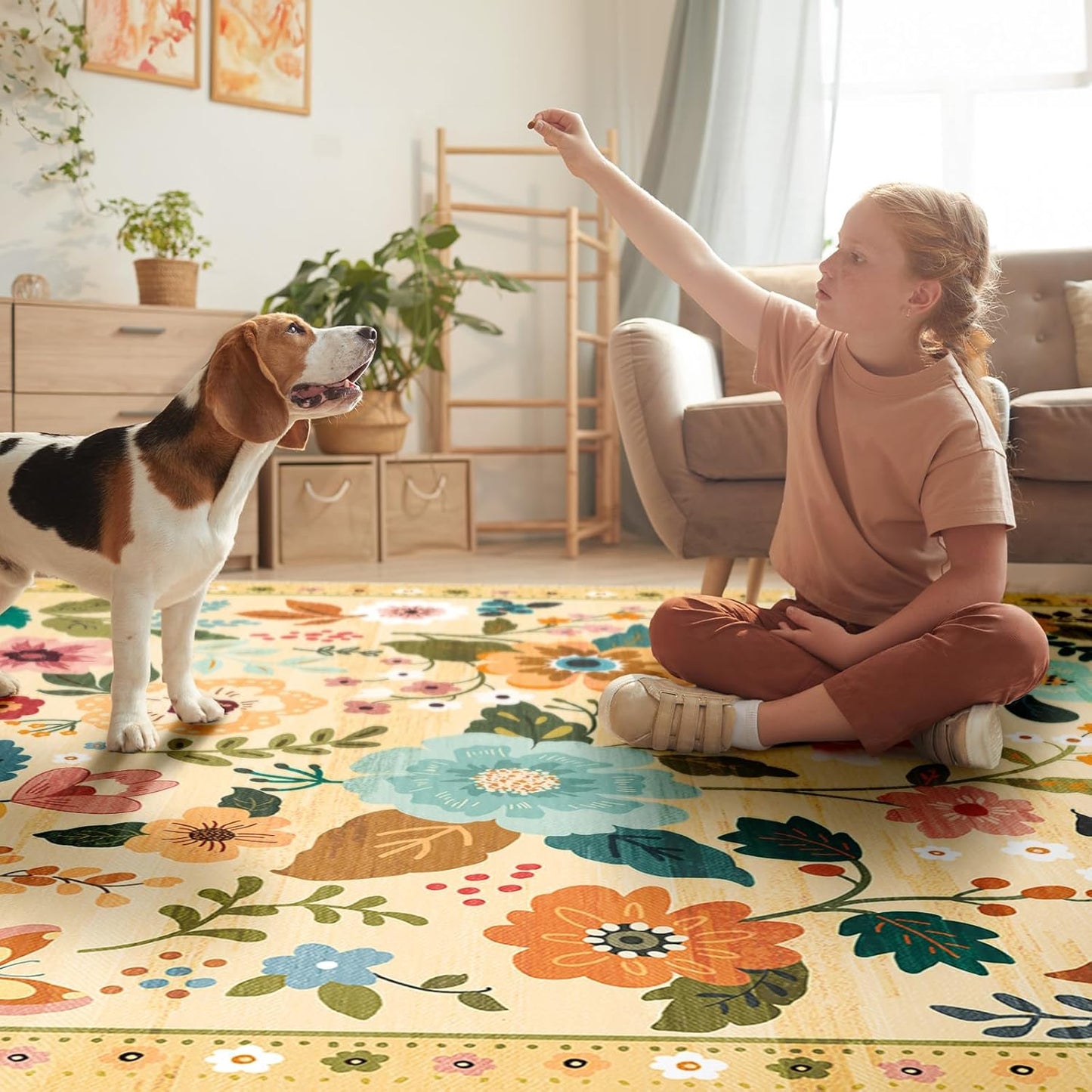 Floral 5x7 Area Rug Machine Washable Soft Print Boho Carpet Non Slip Doormat Low Pile Flower Area Rugs for Living Room Bedroom Nursery Kitchen Dining Room Indoor-Ivory/Yellow