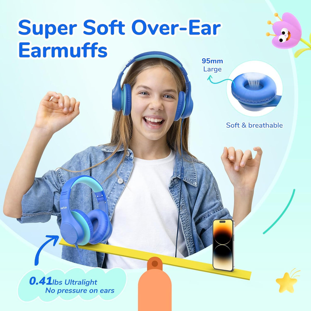 EarFun K3 Kids Headphones, Over Ear Headphones with Microphones, 85/94dB Safe Volume Limit, HD Stereo Sound, 3.5mm Jack, Foldable Wired Headphones for School/Travel/Boys/Girls/Tablet/iPad, Blue
