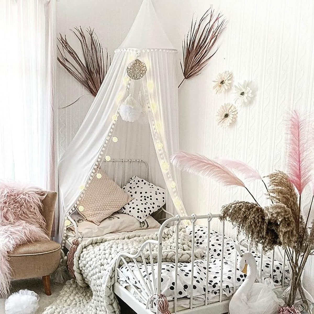 Bed Canopy with Pom Pom Cotton Canopy for Kids Crib Baby Girl Netting Cover Canopy Crib Curtain Reading Nook Hanging Tent Nursery Play Game Castle Room Decoration (White)