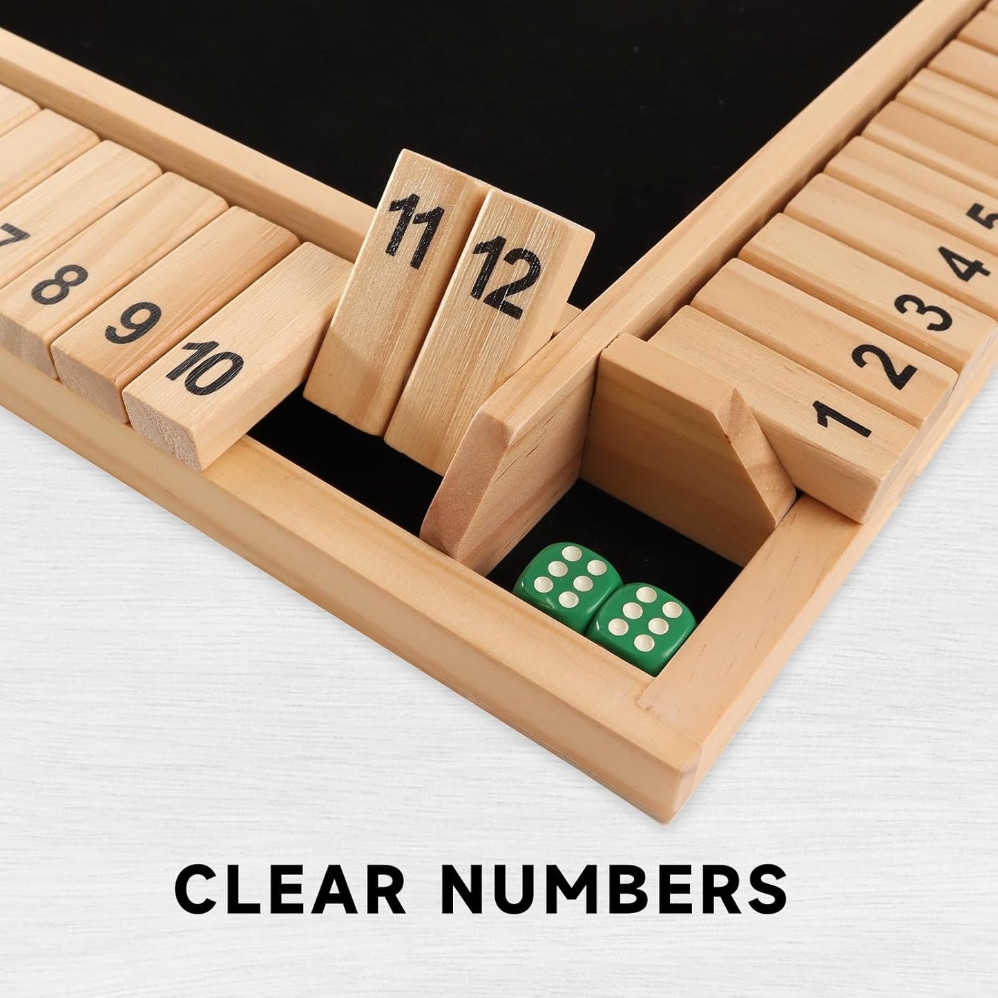 GSE Games & Sports Expert 1-4 Player Wooden Shut The Box Board Game with 8 Dice. 4-Way 12 Numbers Shut The Box Dice Set of Popular English Pub Board Game - Natural Wood