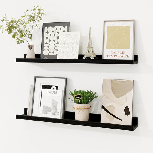 Picture Ledge Shelf, Solid Pine Wood Floating Shelves Set of 2, 24 Inches Nursery Book Shelves for Toys Storage, Kids Bookshelf Wall Mounted for Living Room Bedroom Decor Books Photo Frames, Black