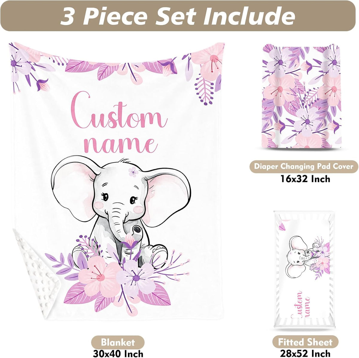 Custom Name Crib Bedding Set - Elephant Theme, Personalized Purple FlowerNursery Bedding 3-Piece Set– Soft Blanket, Fitted Sheet, Changing Pad Cover – for Newborns Girls Nursery Gifts