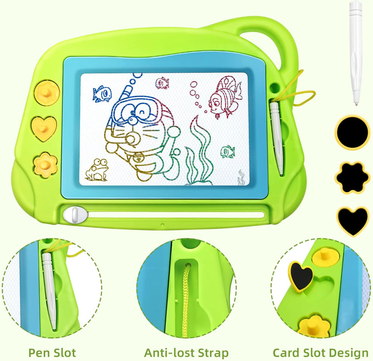 AiTuiTui Magnetic Drawing Board Mini Travel Doodle, Erasable Writing Sketch Colorful Pad Area Educational Learning Toy for Kid/Toddlers/Babies with 3 Stamps and 1 Pen (Green)