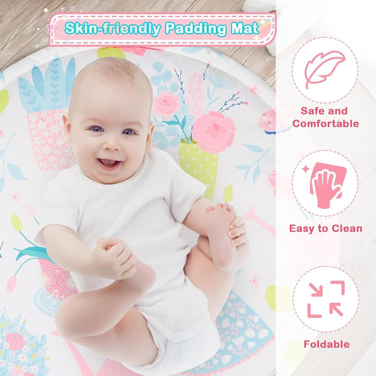 Baby Play Mat, 4-in-1 Baby Play Gym Tummy Time Mat with Ball Pit and 5 Detachable Toys for Newborn to Develop Sensory Exploration and Motor Skill 0-6-12 Months