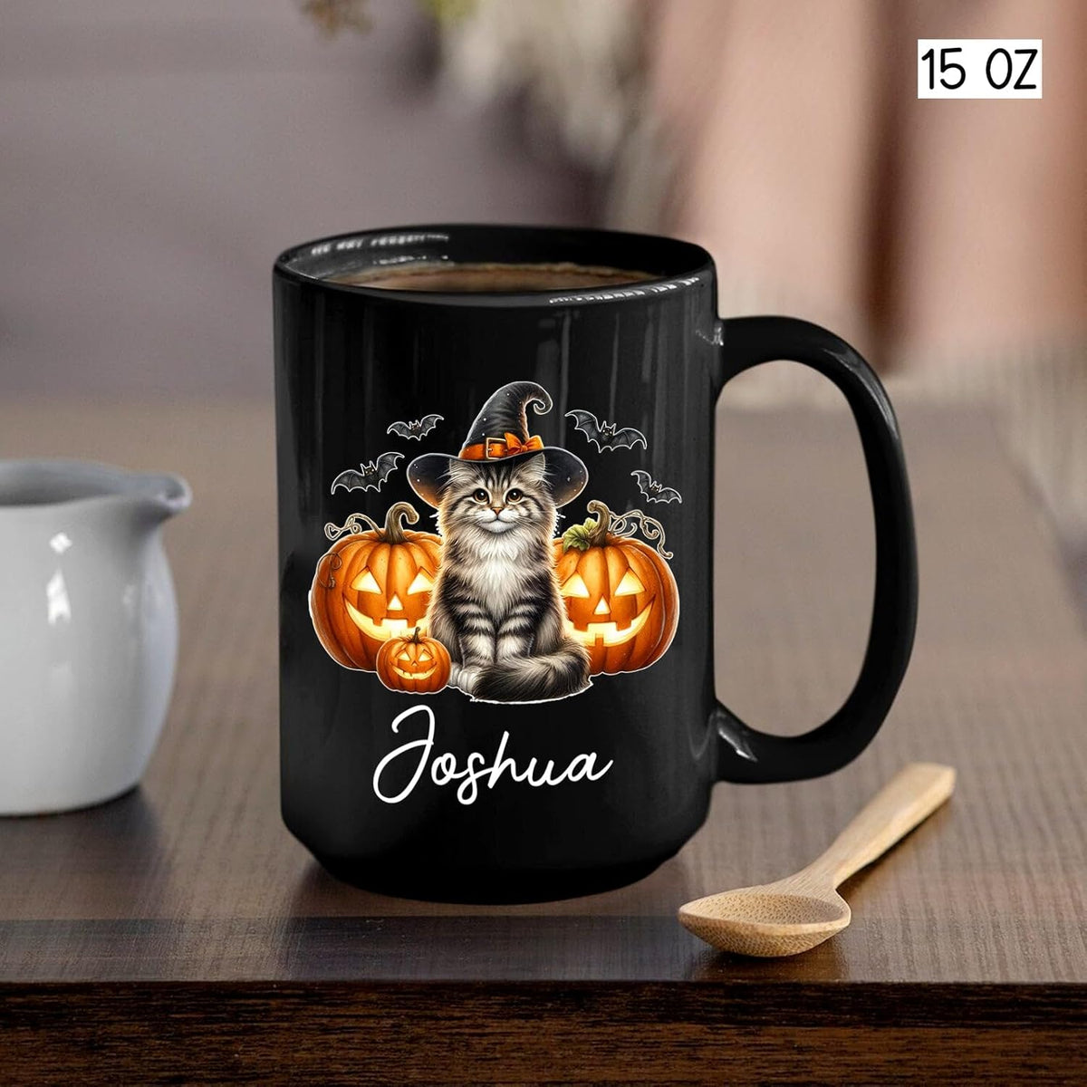 Customized Siberian Wearing Witch Hat Coffee Cup with Name, Personalized Siberian Cat Pumpkins Ceramic Mugs 11oz 15oz, Halloween Cat Cup Gift for Dad Mom Kid, Pet Owner Halloween Black Mug