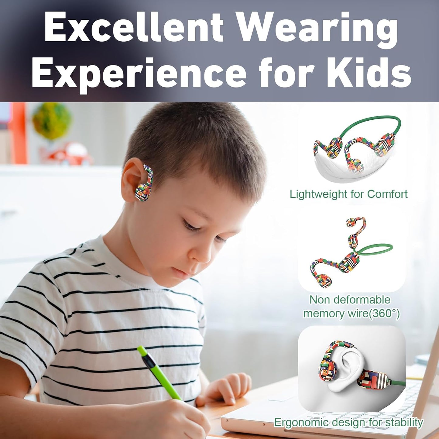 Kids Headphones, Bluetooth 5.2 Air Conduction Open Ear Headphones, 85dB Volume Limiting-Yellow