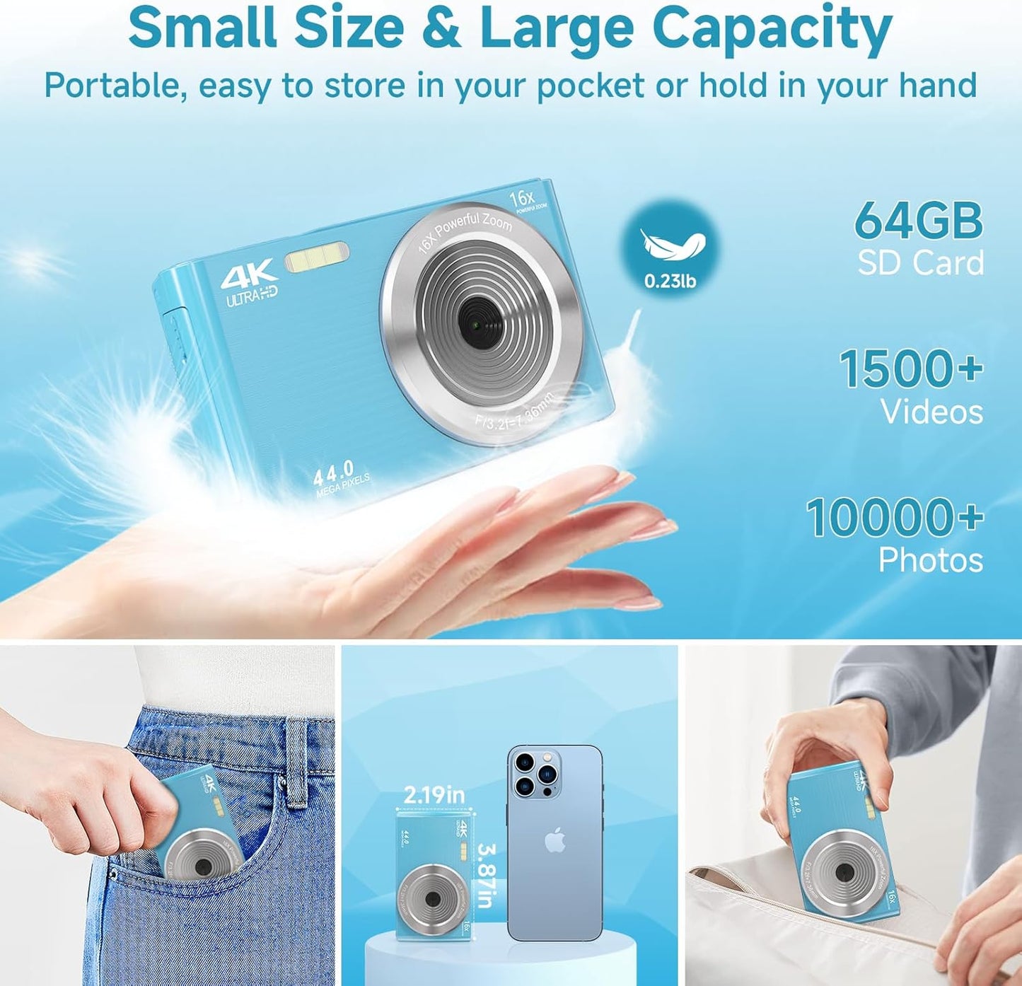 Digital Camera for Teens, FHD 4K 44MP with 64GB SD Card, 16X Digital Zoom, Compact Point Shoot Camera Blue