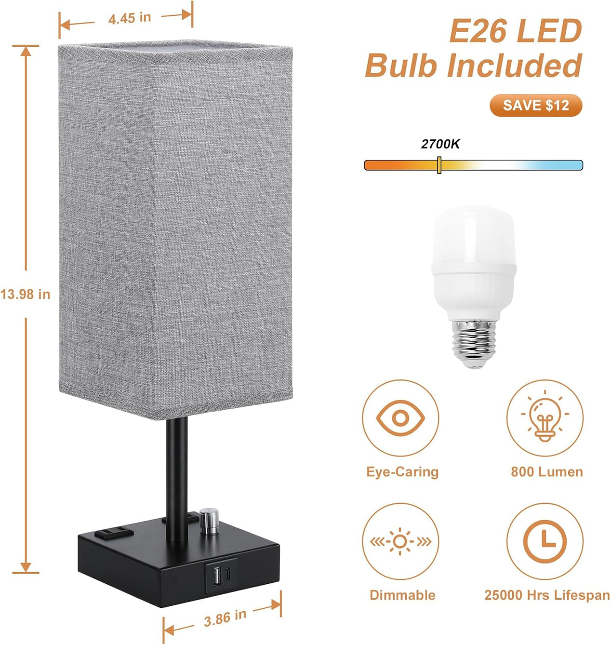 Gray Fully Dimmable Nightstand Lamps Set of 2 - Table Bedside Lamp with USB C+A Charging Ports & 2 AC Outlets, Square Lamp Sets Linen Fabric Shade for Bedroom Living Room(Bulb Included)