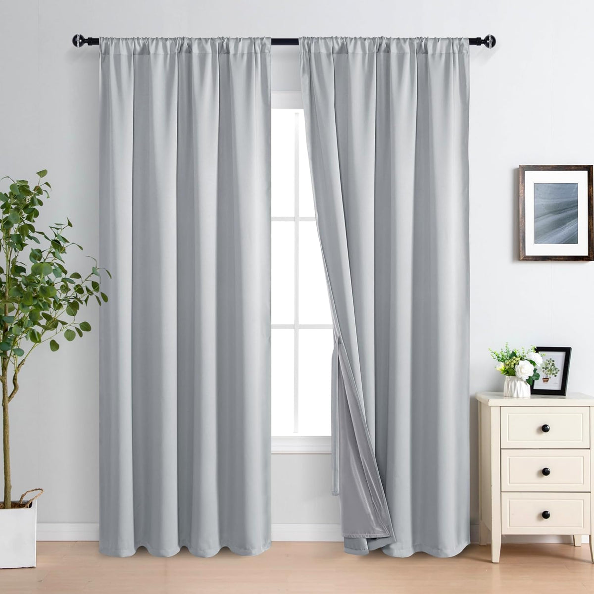 XWZO 100% Blackout Curtains - Heat and Full Light Blocking Drapes with Black Liner for Bedroom/Laundry Room, Rod Pocket Window Panels with Tiebacks, Light Grey, W60 x 84, Set of 2