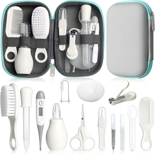 Baby Grooming Kit, Infant Safety Care Set with Hair Brush Comb Nail Clipper Nasal Aspirator,Baby Essentials Kit for Newborn Girls Boys (Grey White)