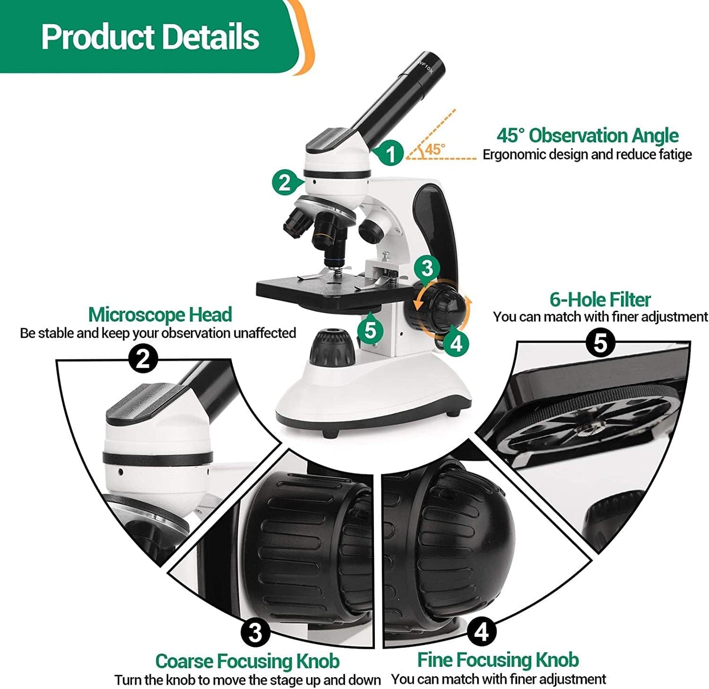 BNISE Microscope kit for Kids Adults Students, 40X-2000X Magnification, Prepared Slides Kit, Dual LED Illumination, All Glass Optics, and Cordless Capability for Children Beginner