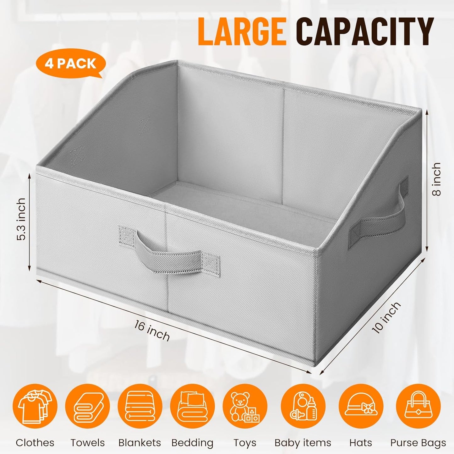 Criusia 4 Pack Large Closet Shelf Organizer Bins with Handles - Fabric Trapezoid Storage Baskets for Clothes, Towel, Blanket, Purse, Hats