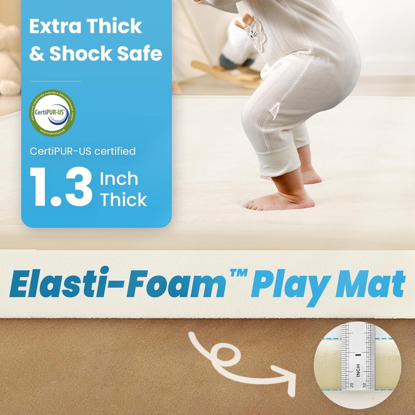 Baby Play Mat for Kids Room,Extra Thick Elasti-Foam Anti-Fall Cushion Mat for Babies,Toddlers,Infants,Water-Repellent&Non-Slip Bedroom Bedside Rugs(Ivory)