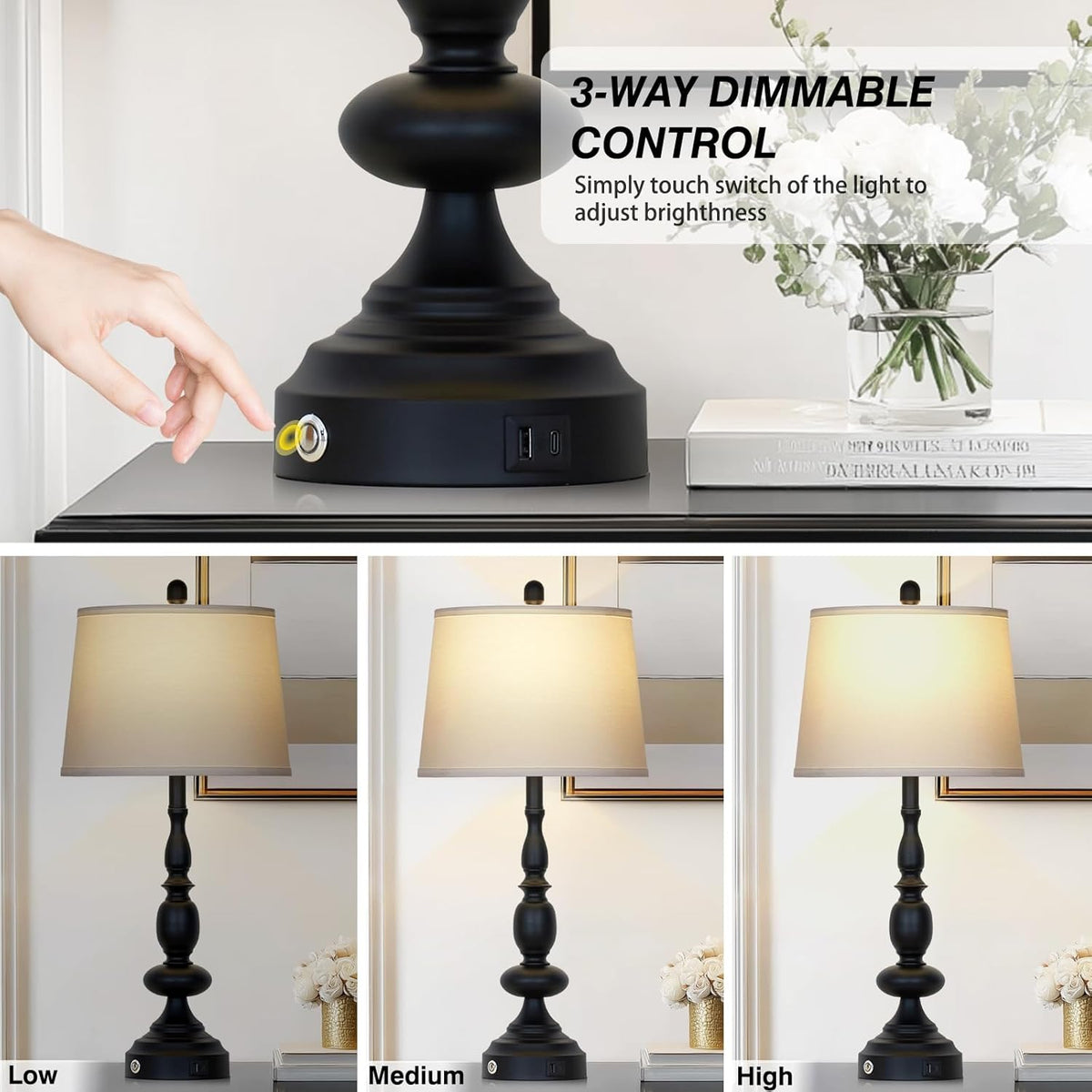 29" Black Modern Table Lamps Set of 2, Industrial Touch Control 3-Way Dimmable Bedside Lamp with USB C+A Ports, Metal Nightstand Lamps for Living Room Bedroom Office Home(2 LED Bulbs Included)