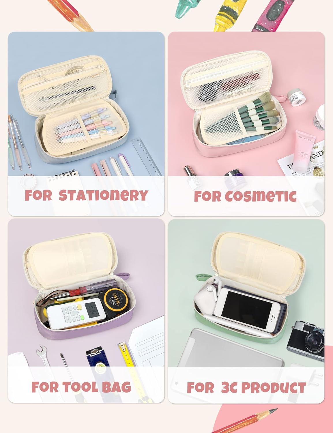 SUNEE Cute Pencil Case, Aesthetic Pen Pouch, Colored Large Pencil Bag with Zipper, Kawaii Stationery Storage and Organizer, Pink School Supplies for Teen and Adult Girls