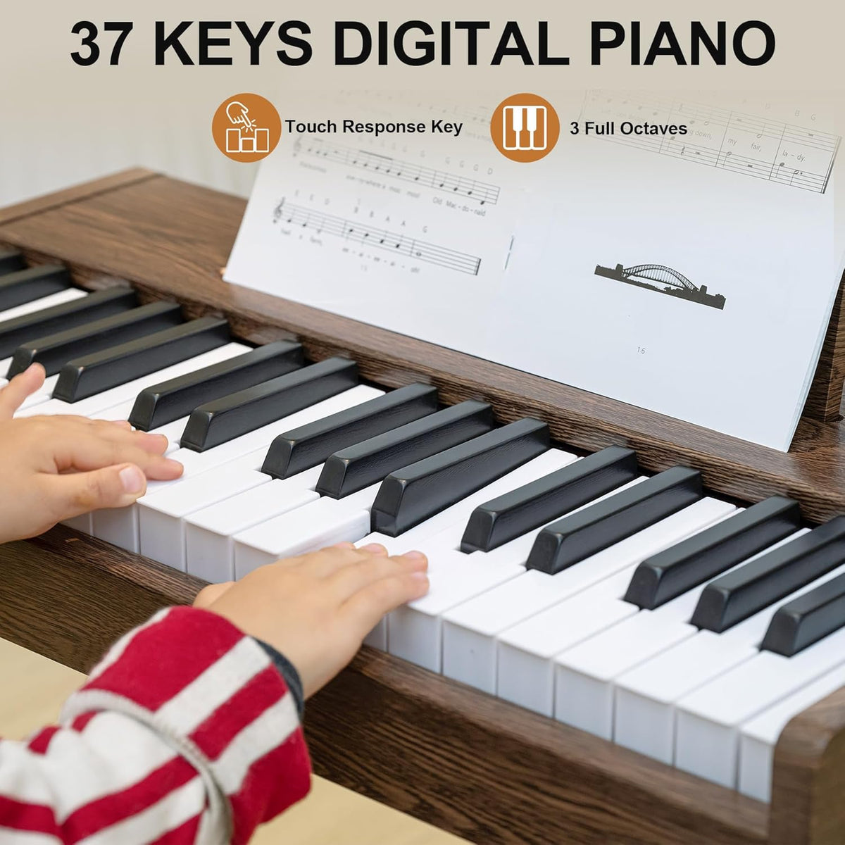 Kids Keyboard Piano, 37 Keys Digital Piano, Toddler Musical Instruments, Wooden Kids Piano with Bench, Toddler Piano for 3+ Girls and Boys, Walnut