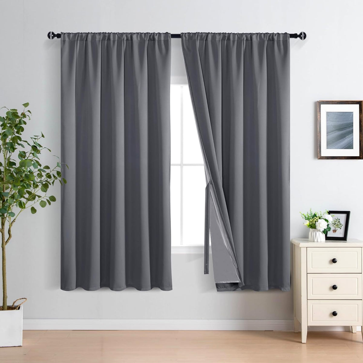 XWZO Full Blackout Curtains 63 Inches Long with Tiebacks- Rod Pocket Full Light Blocking & Energy Efficiency Extra Wide Window Draperies with Black Liner for Bedroom, Dark Grey, W70 x L63, Set of 2
