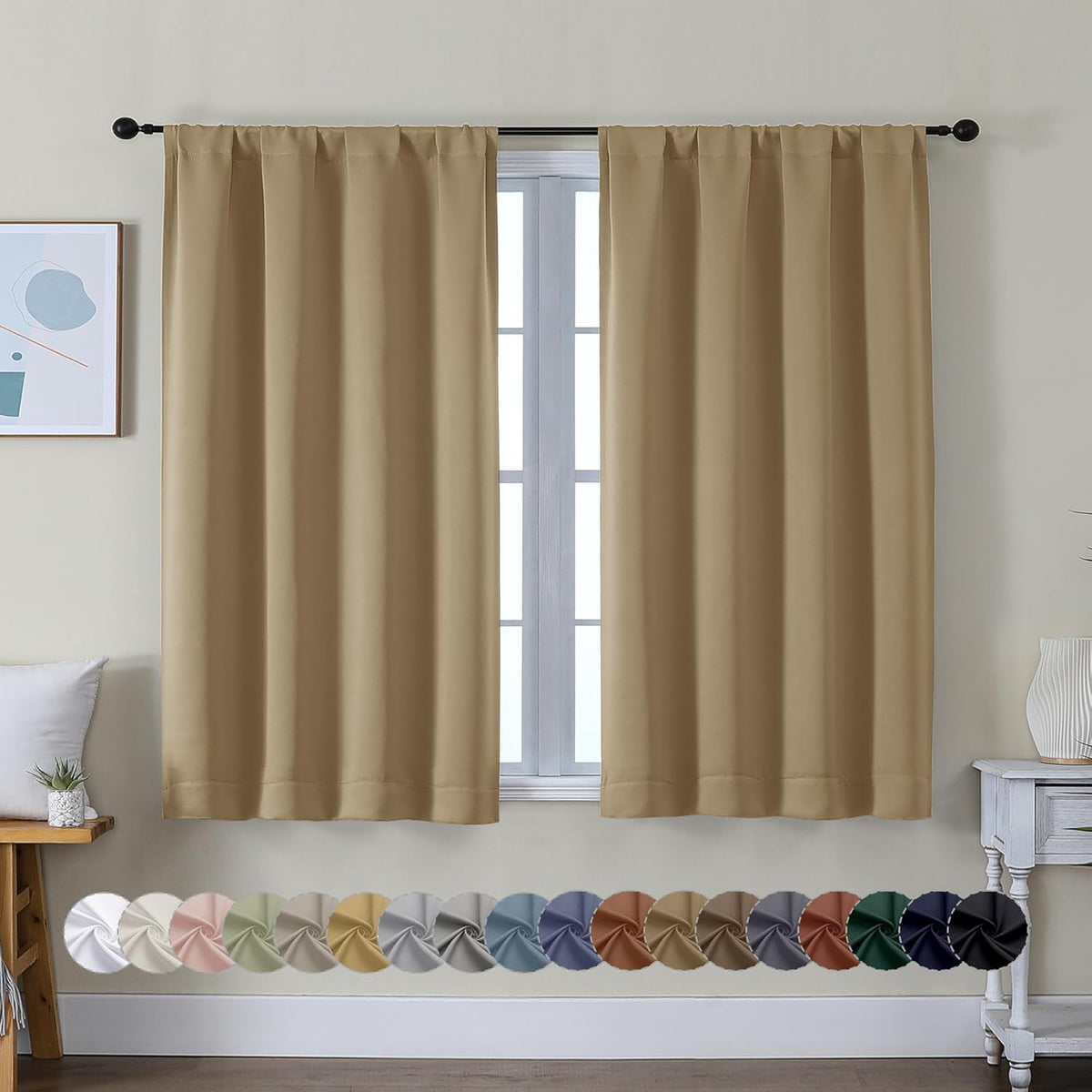 Simplebrand Ava Taupe Short Blackout Curtains for Bedroom 45 Inches Long 2 Panels Set, Solid Thermal Insulated, Energy Saving Window Treatment Curtains Blackout Drapes, W40 x L45 Inch, Taupe