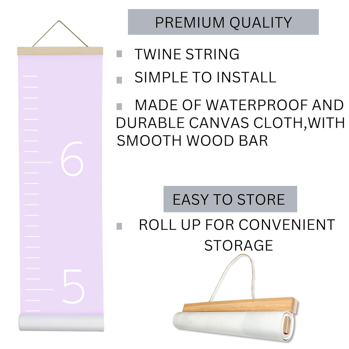Morxy Canvas Growth Chart for Kids - Unisex Kids Room Wall Decor - Measuring Height Chart- Wall Tape with Height Chart for Kids (Canvas, Plain Purple)