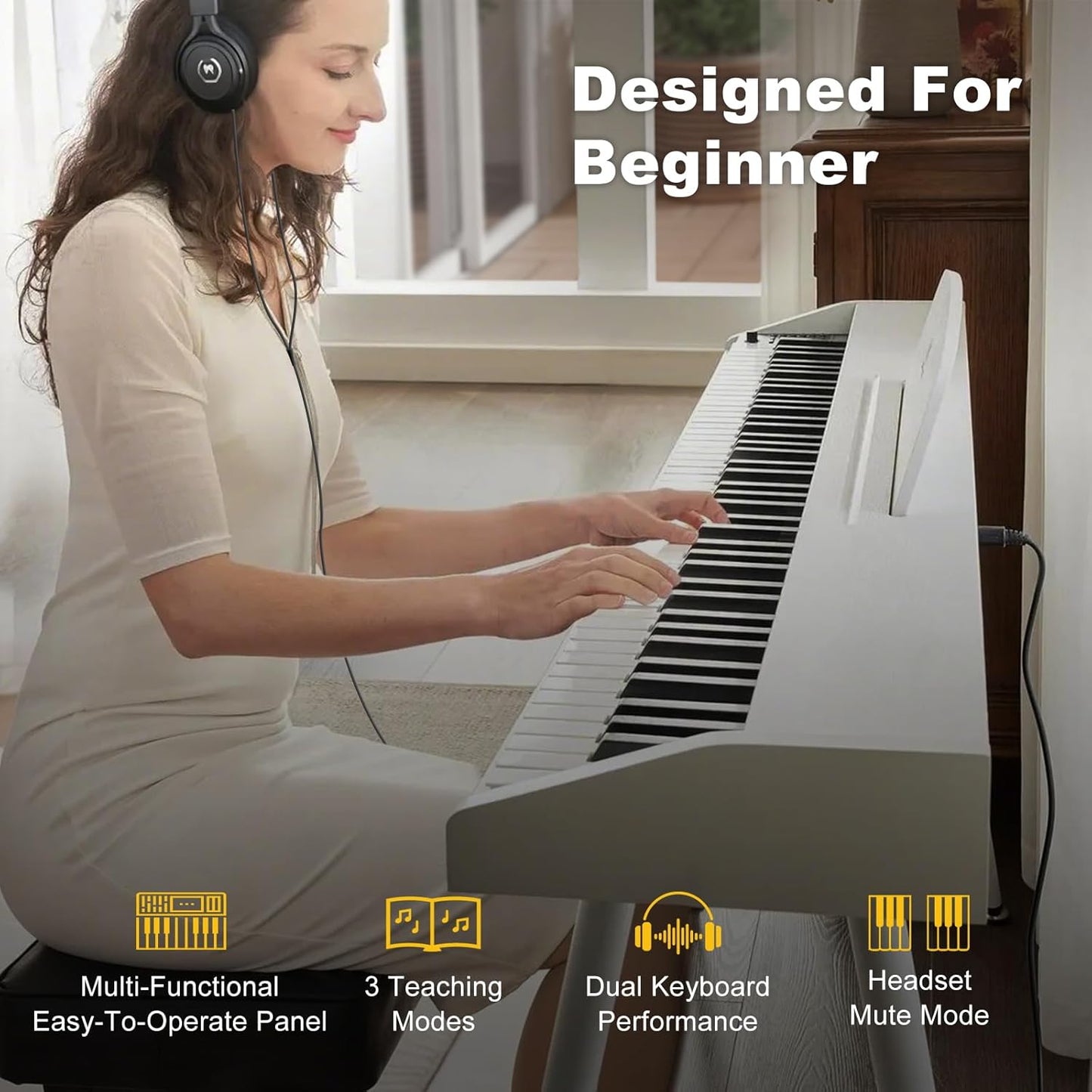 MUSTAR 88 Key Piano Keyboard for Beginners, Semi Weighted Electric Piano Keyboard 88 Keys, Portable Digital Piano 88 Key Weighted with 3-Pedal Unit, Built-In Speakers, USB/MIDI Connecting (White)