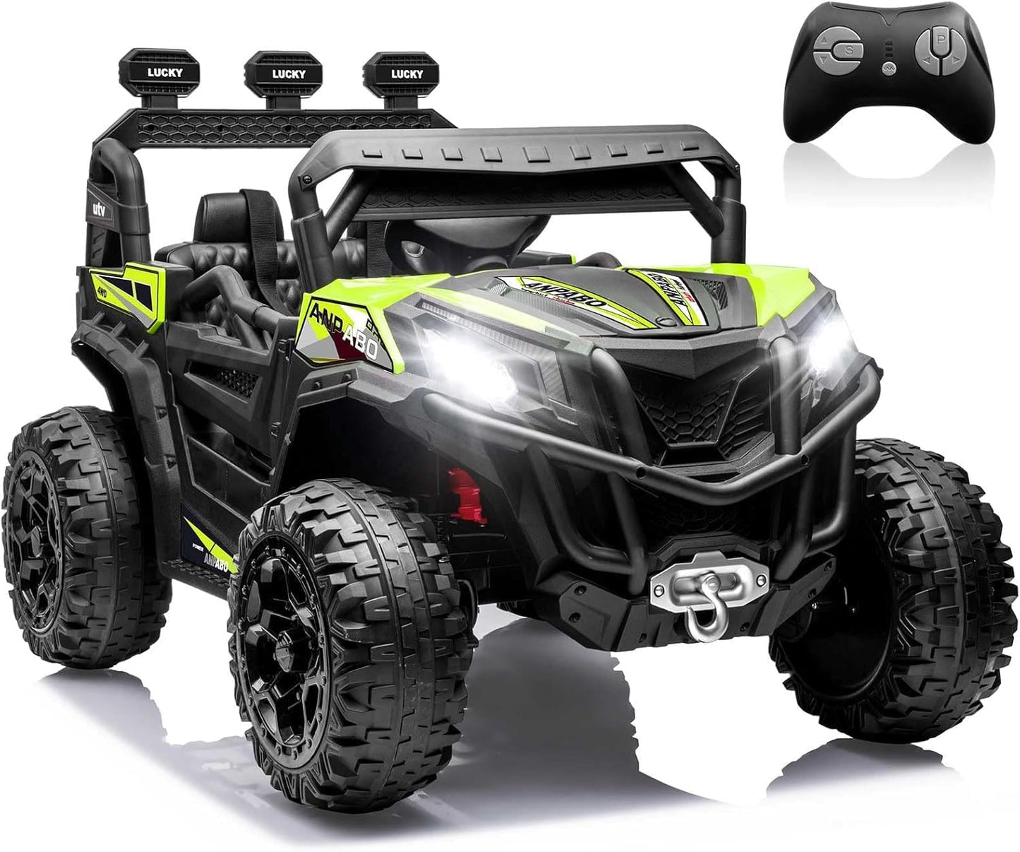 ANPABO 24V 4WD Ride on Car Truck w/Remote Control, 2WD/4WD Switchable Kids UTV, 4 Shock Absorbers, 19" Spacious Seat, Soft Start, Music Player, Electric Car for Kids