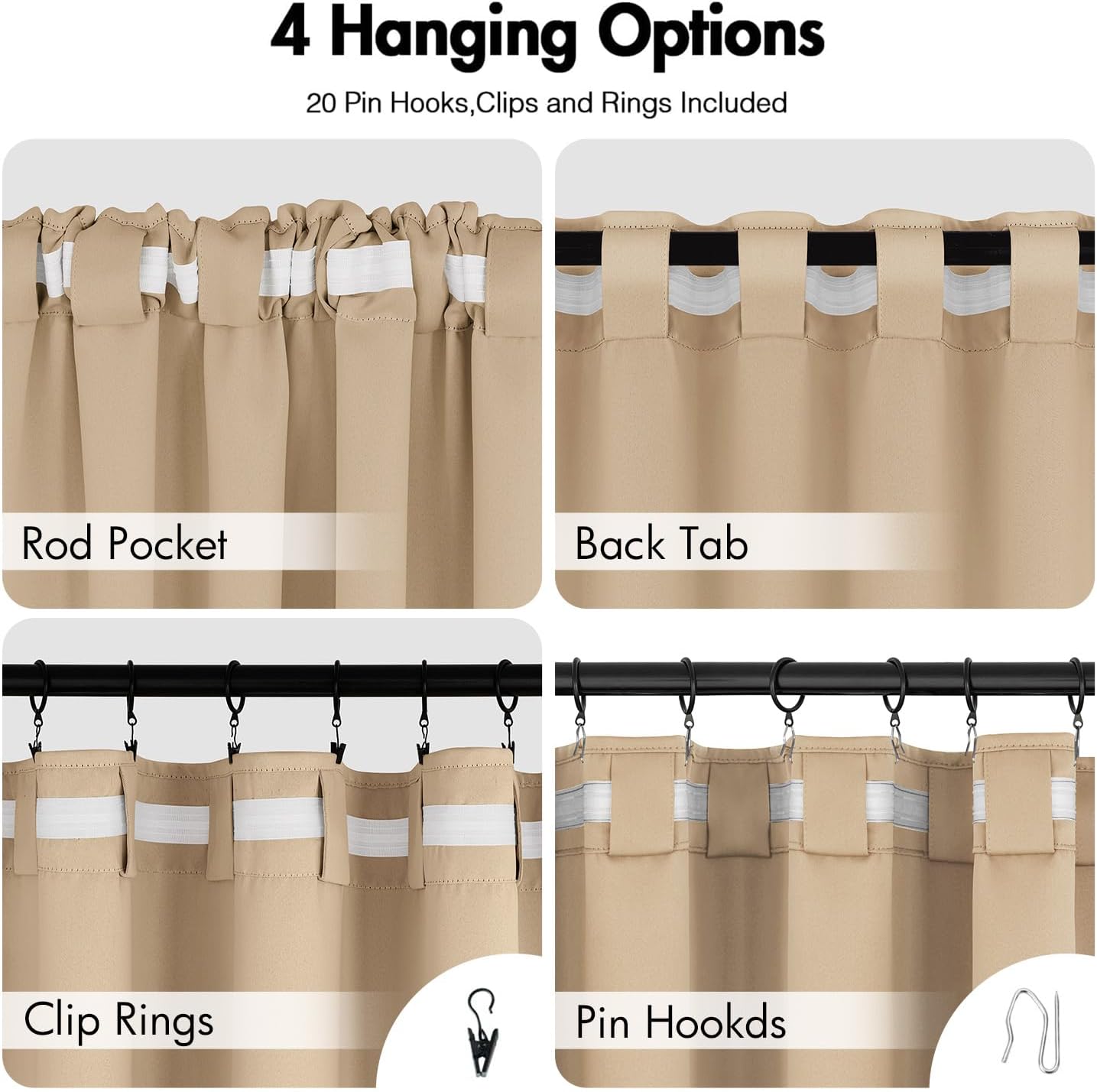 ANRODUO Back Tab Blackout Curtains for Bedroom Living Room, Rod Pocket Pinch Pleated Thermal Insulated Room Darkening Curtains 63 Inches Long 2 Panels, Beige, 42 x 63 Inch