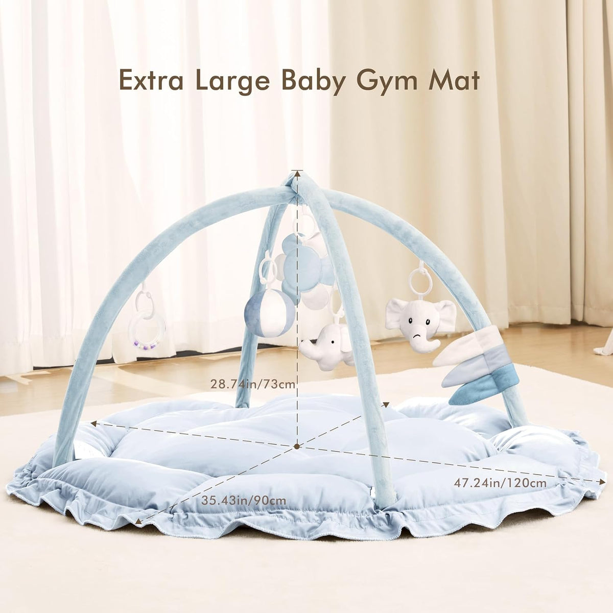 ANGELBLISS 5 in 1 Baby Play Gym Mat, Reversible Tummy Time Mat with 5 Sensory Toys for Stage-Based Developmental, Thick & Large Baby Activity Center from Newborn to Toddler (Light Blue)