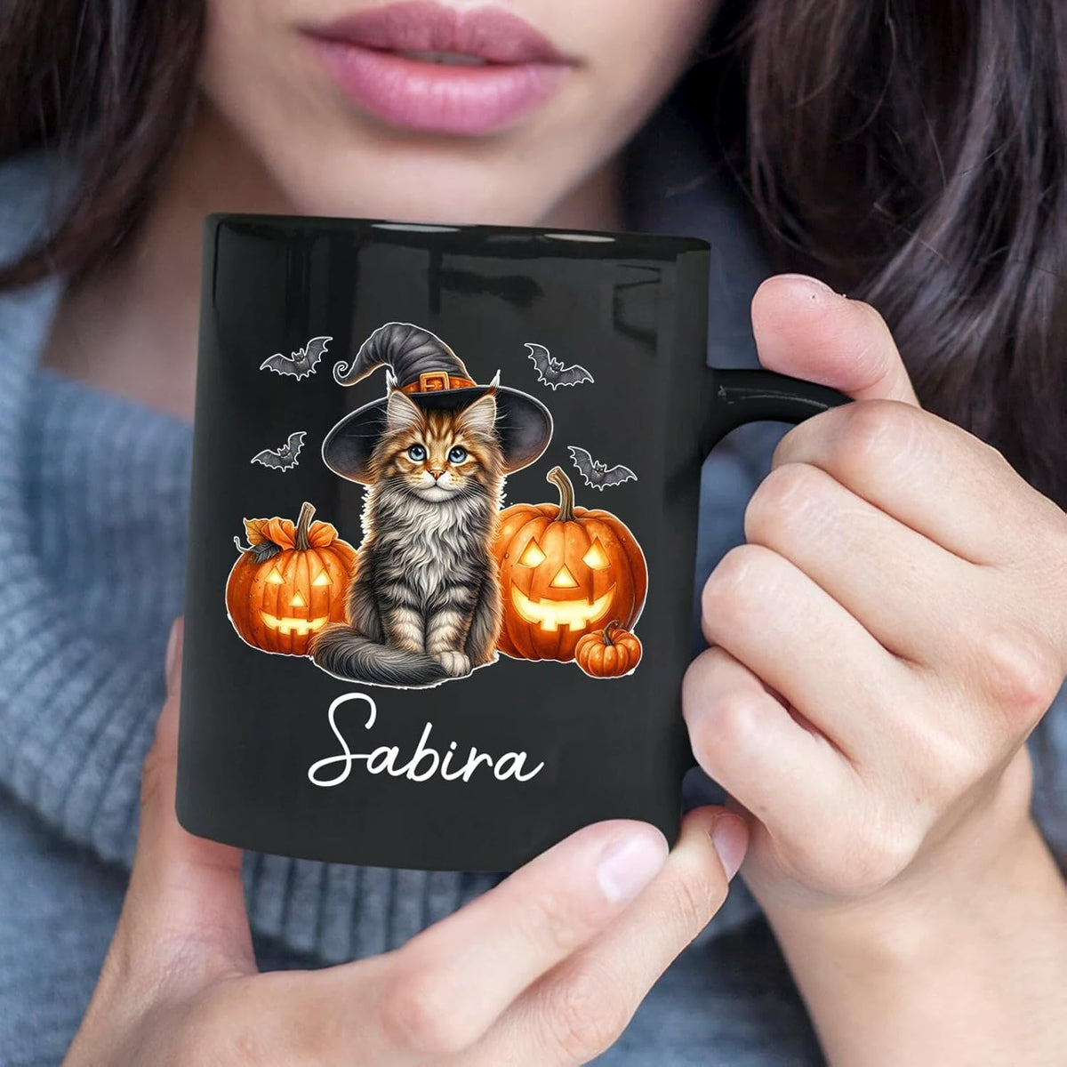 Personalized Maine Coon with Pumpkins Cup for Halloween, Maine Coon Wearing Witch Hat Coffee Mug, Cat Halloween Ceramic Cup 11oz 15oz, Pet Cat Black Mug, Gift for Pet Lover Dad Mom Children
