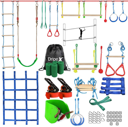 Ninja Warrior Obstacle Course for Kids Backyard - 2×65ft Slackline Kit with 10 Most Complete Accessories for Boys & Girls, Swing, Rope Ladder, Gymnastic Ring, Climbing Net, Arm Trainer and Monkey Fist