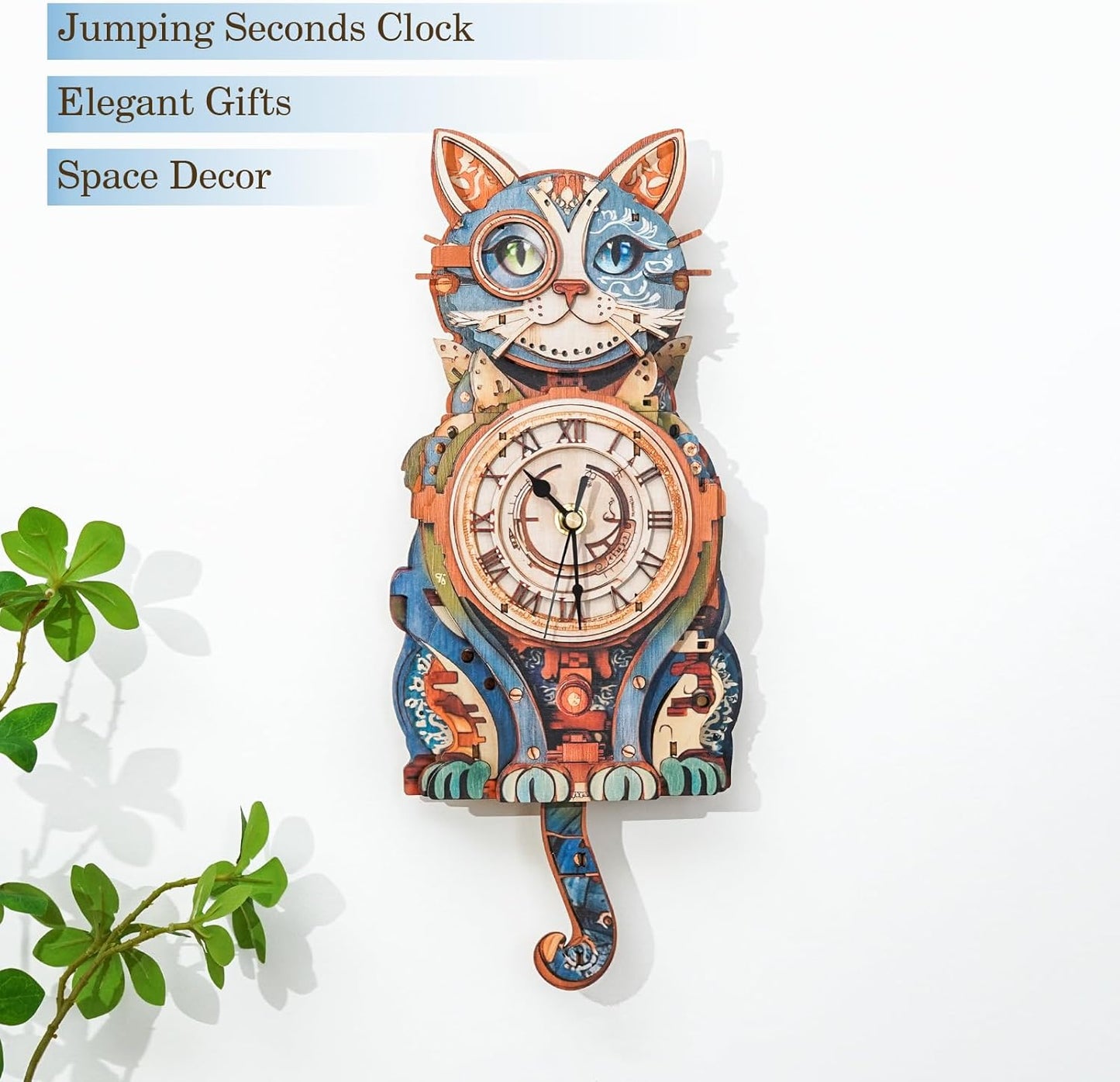 3D Puzzles for Adults Clock-Cat Detective Design Model Kit-Mechanical DIY Pendulum Clock with Roman Numerals-Desk Home Office Decor Personalized Gift for DIY Lovers