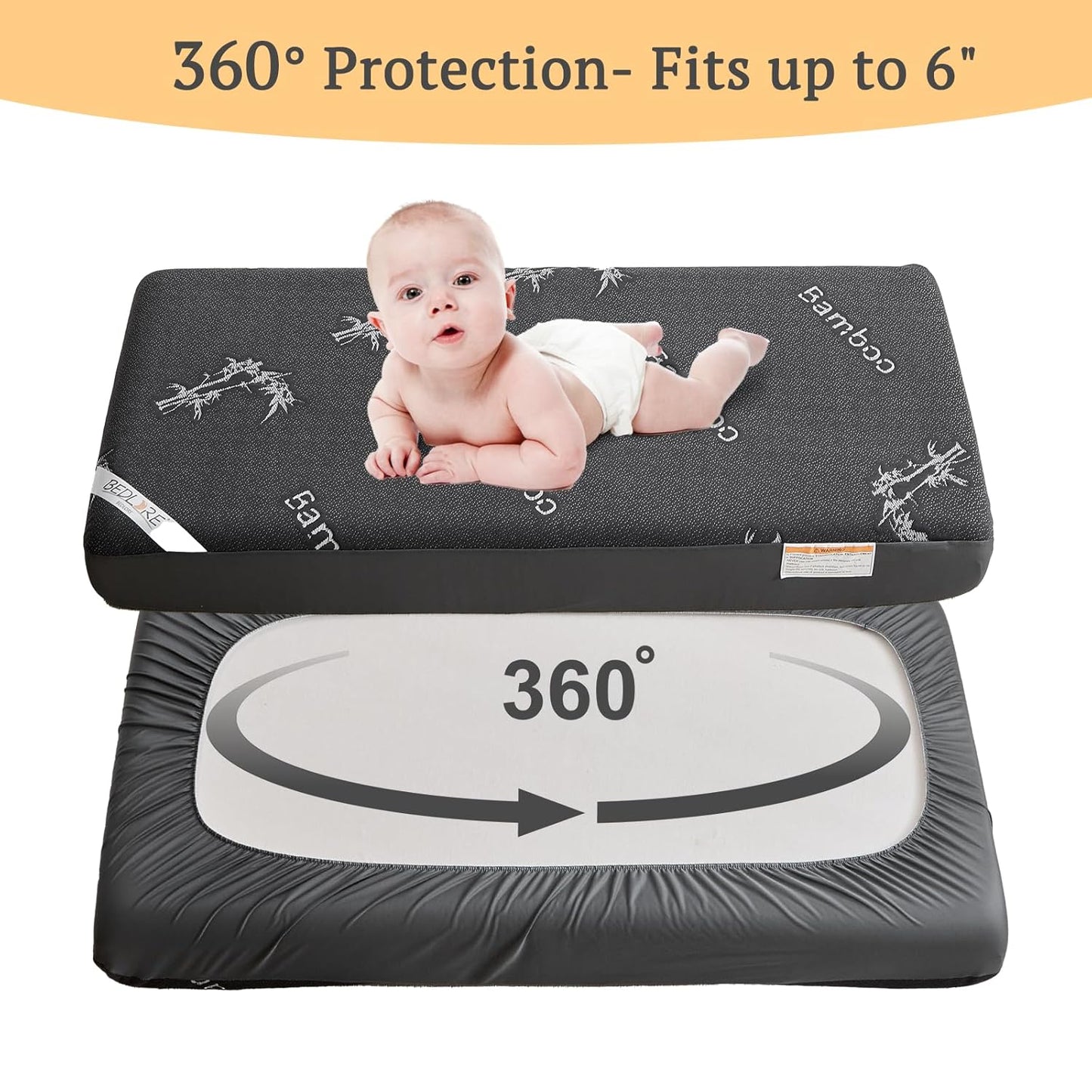 BEDLORE Waterproof Crib Mattress Protector 2 Pack, Ultra Soft Bamboo Viscose Crib Mattress Pad Cover, Noiseless Toddler Mattress Protector for Standard Baby Mattress Size 52''x28'', Dark Gray