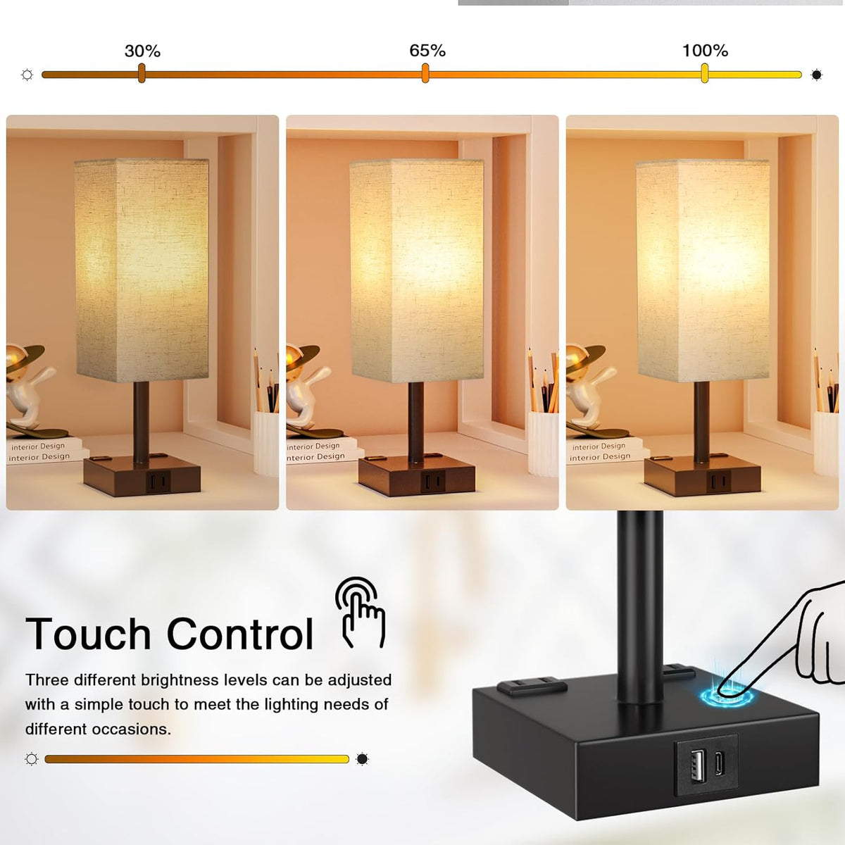 Touch Bedside Table Lamp for Nightstand - 3-Way Dimmable Night Lamp with USB A + Type C Charging Ports and Two AC Outlets, Small Desk Light with E26 LED Bulb for Bedroom Living Room Dorm, Beige