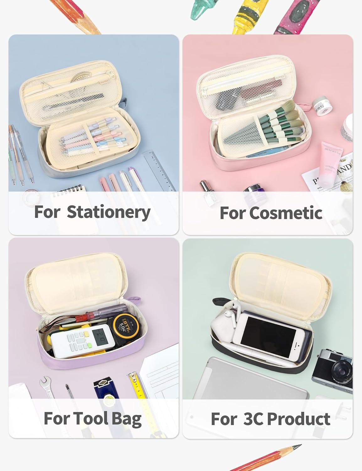 SUNEE Cute Pencil Case, Aesthetic Pen Pouch, Colored Large Pencil Bag with Zipper, Kawaii Stationery Storage and Organizer, Black School Supplies for Teen and Adult Girls