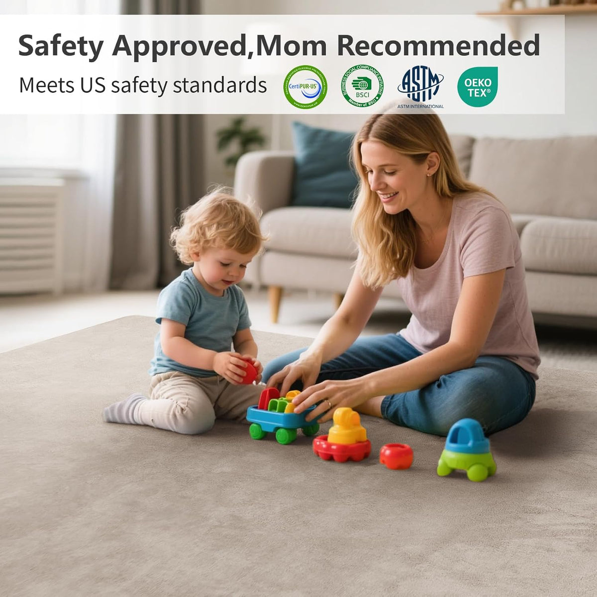 Baby Play Mat for Floor,1.3" Thick Elasti-Foam 50"×74" Playpen Mat for Tummy Time,Water Repellent Soft Coral Velvet for Toddler,Infant,Kids,Non-Slip Backing Safe for Crawling(Beige)