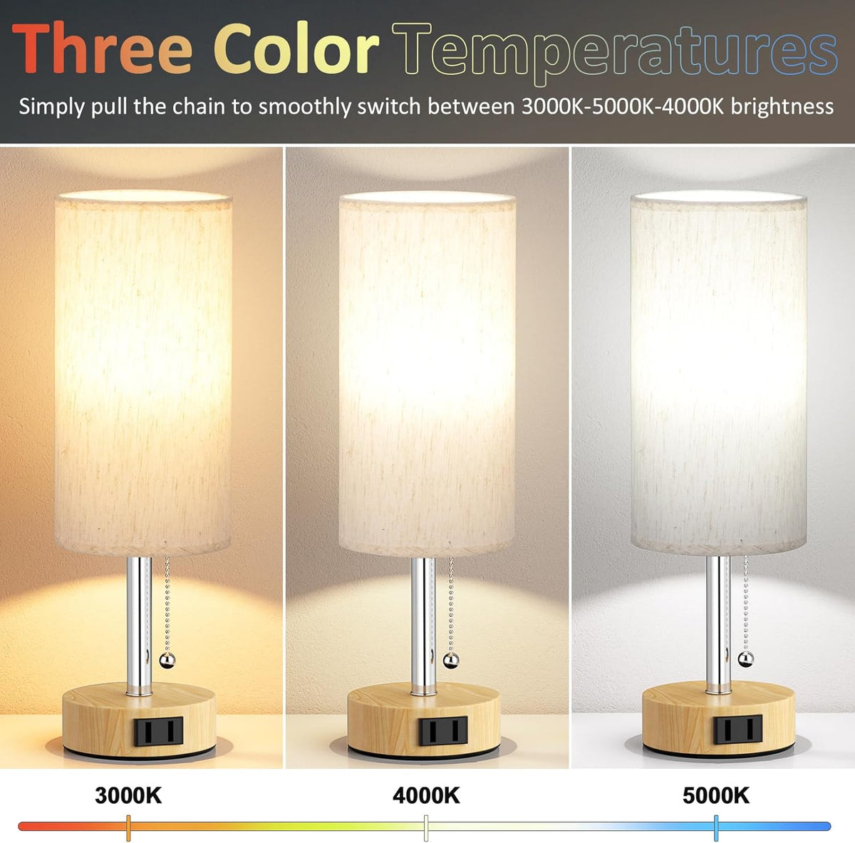 Wood Grain Bedside Table Lamps Set of 2-3 Color Temperatures Pull Chain Lamp with AC Outlet Charging Port, Round Night Stand Lamps for Bedroom Office, Small Bed Light with E26 LED Bulbs