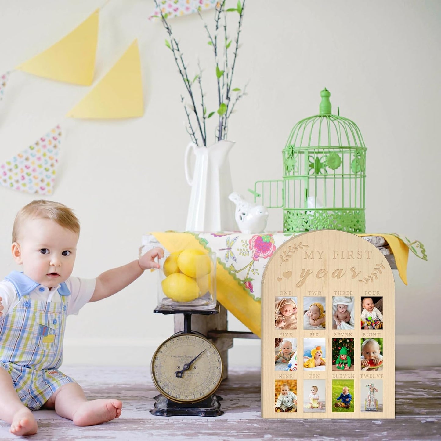 My First Year Photo Display Wood Board Baby's First Year Photo Frame Milestone Board 12 Months Baby Picture Frame 1st Birthday Nursery Decorations for Boy Girl Baby Keepsake Gift for Mom (2" x 3" photos - Wallet Size)