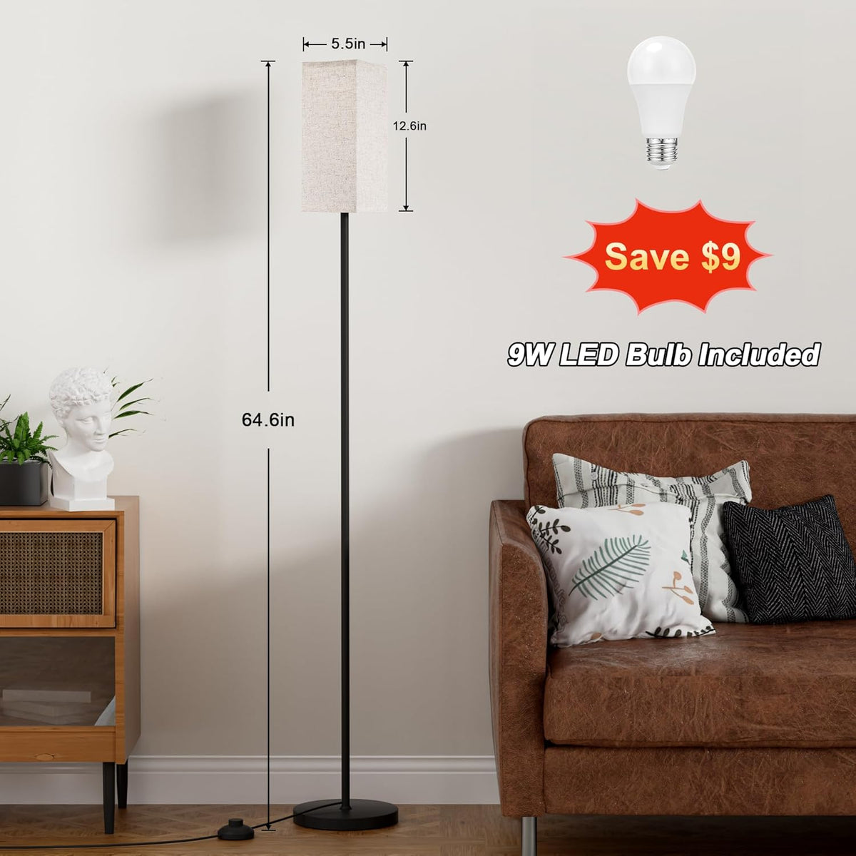 Ambimall Floor Lamps for Living Room & Remote Control, 9W Stepless Dimmable Bulb, Foot Switch, 64'' Tall Standing Lamp, Beige Lampshade(Black)
